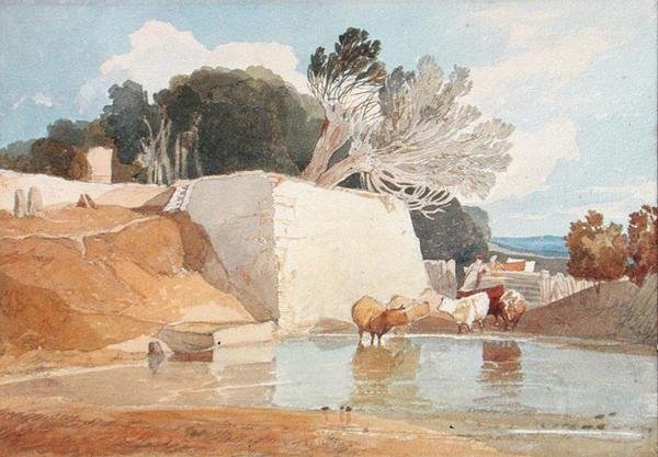 Napájení dobytka (akvarel na papíře) od John Sell Cotman
