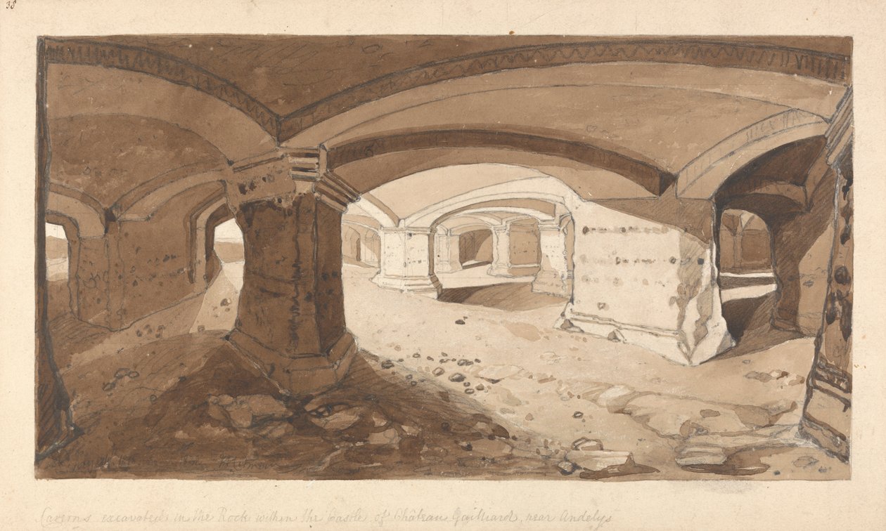 Jeskyně vyhloubené ve skále v rámci hradu Chateau Gaillard, poblíž Andelys, Normandie od John Sell Cotman