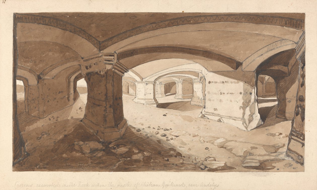 Jeskyně vyhloubené ve skále na hradě Chateau Gaillard u Andelys v Normandii od John Sell Cotman