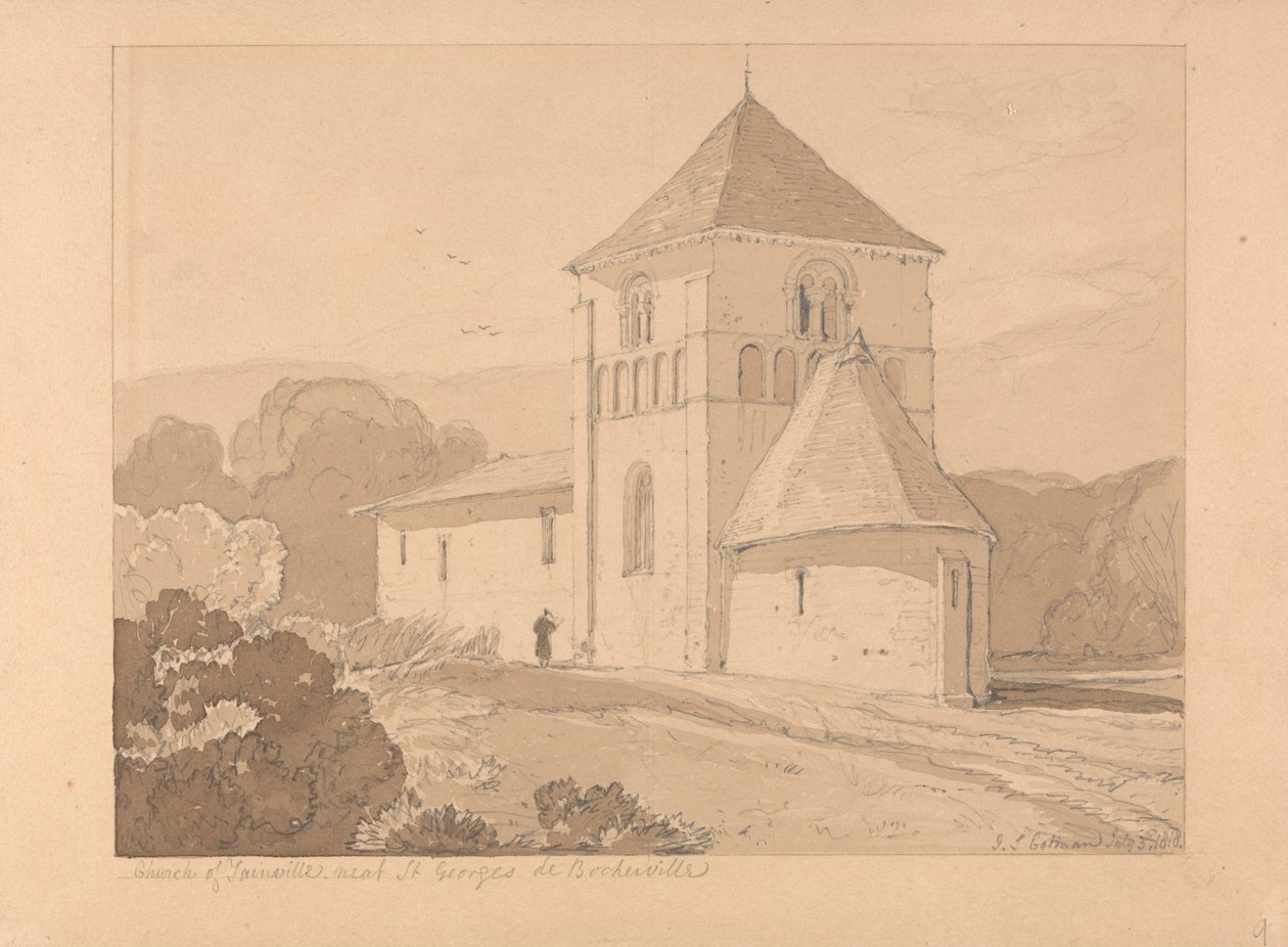 Kostel Yainville, poblíž Saint Georges de Boscherville, Normandie od John Sell Cotman