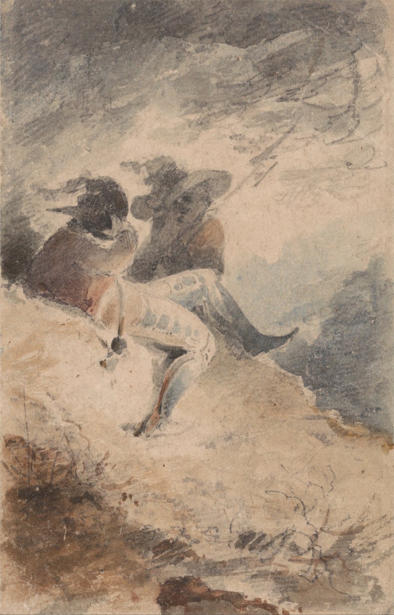 Fantastické postavy sedící na mohyle od John Sell Cotman