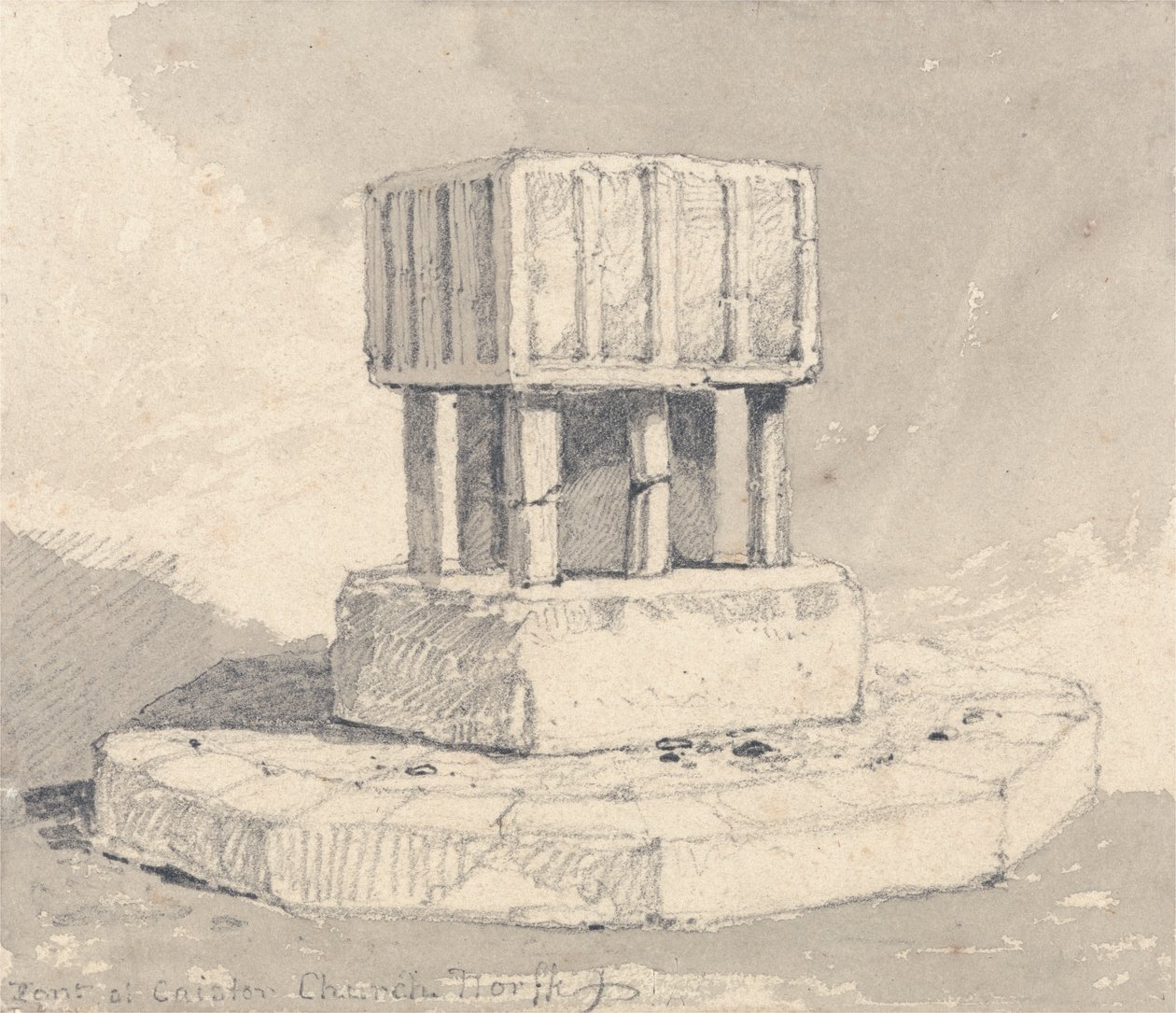 Font v Caister Church, Norfolk od John Sell Cotman