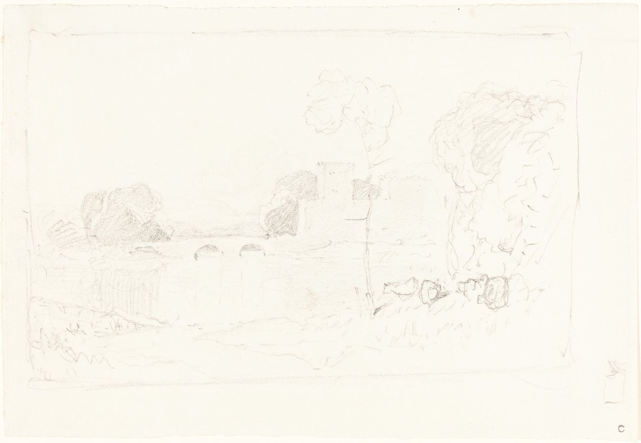 Skica krajiny s mostem a hradem od John Sell Cotman