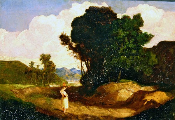 Krajina s postavou (olej na panelu) od John Sell Cotman