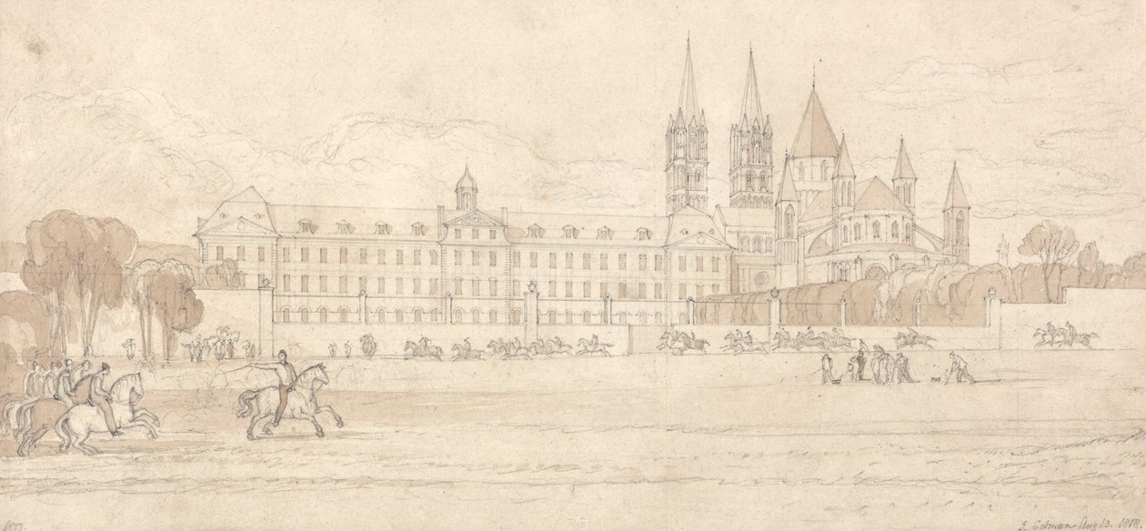 Vojenská škola a opatský kostel svatého Štěpána v Caen od John Sell Cotman