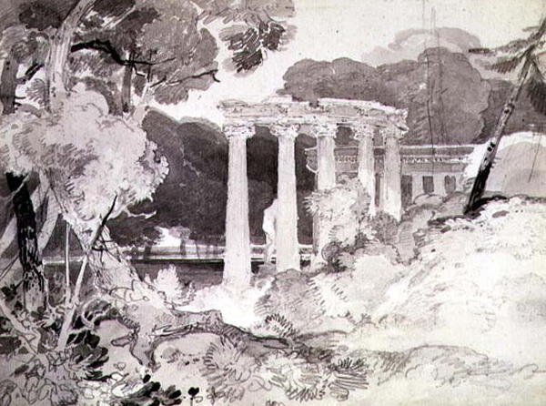 No.1539 Klasická kolonáda v zalesněné krajině (tužka a inkoust na papíře) od John Sell Cotman
