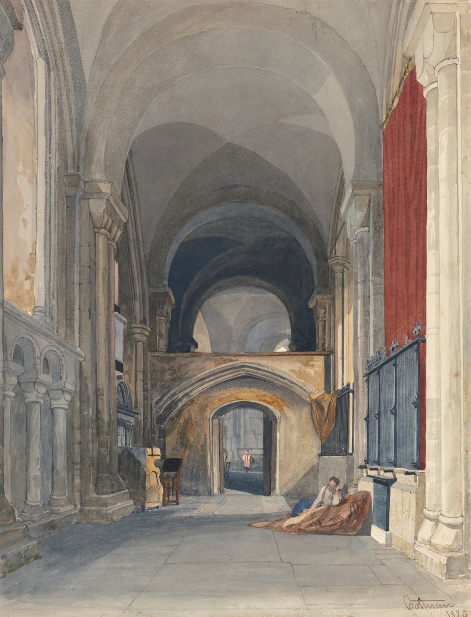 Norwichská katedrála: Interiér severní uličky sboru, při pohledu na východ od John Sell Cotman