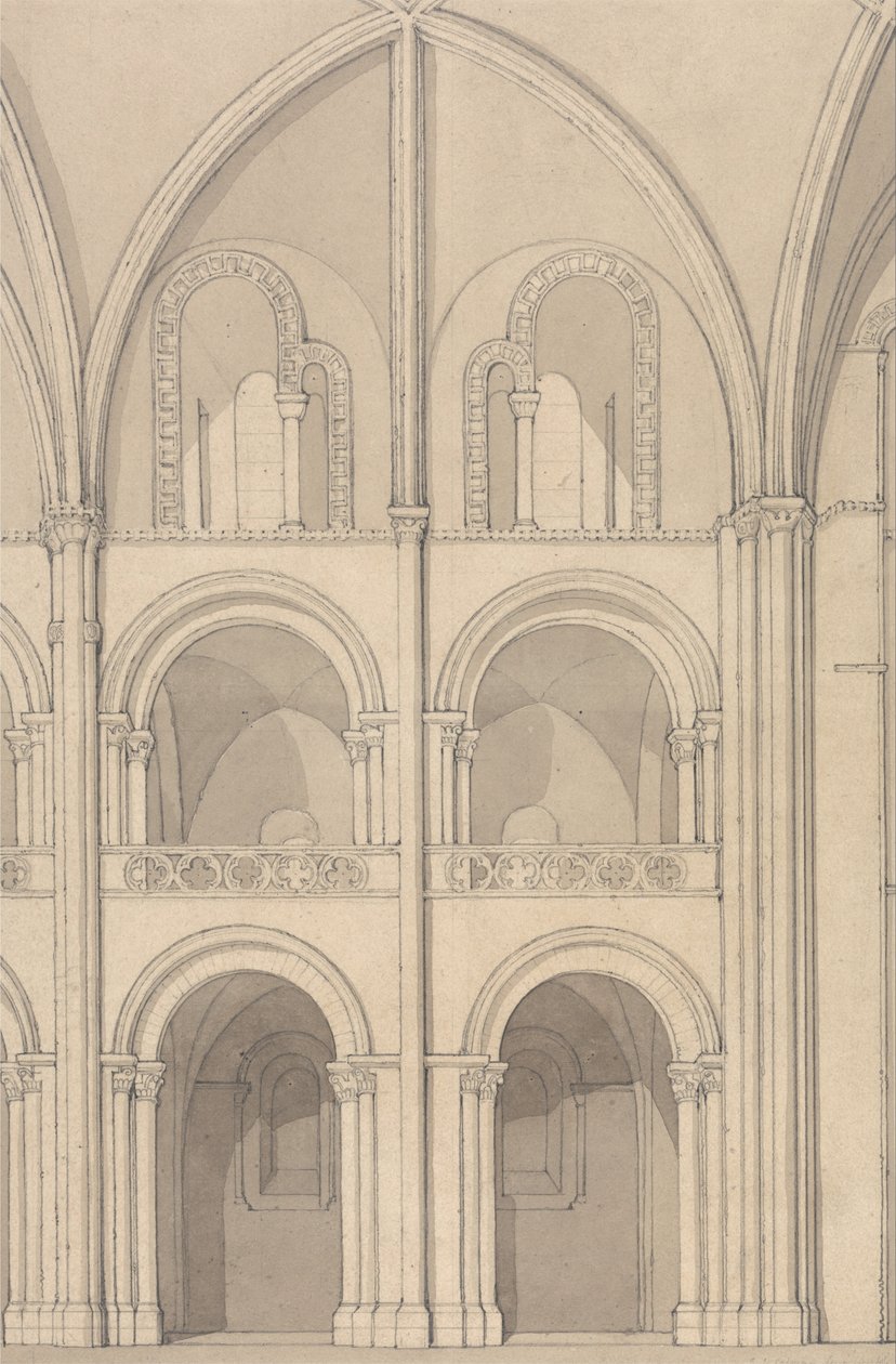 Perspektivní vyvýšení části opatského kostela svatého Štěpána v Caen, Normandie od John Sell Cotman