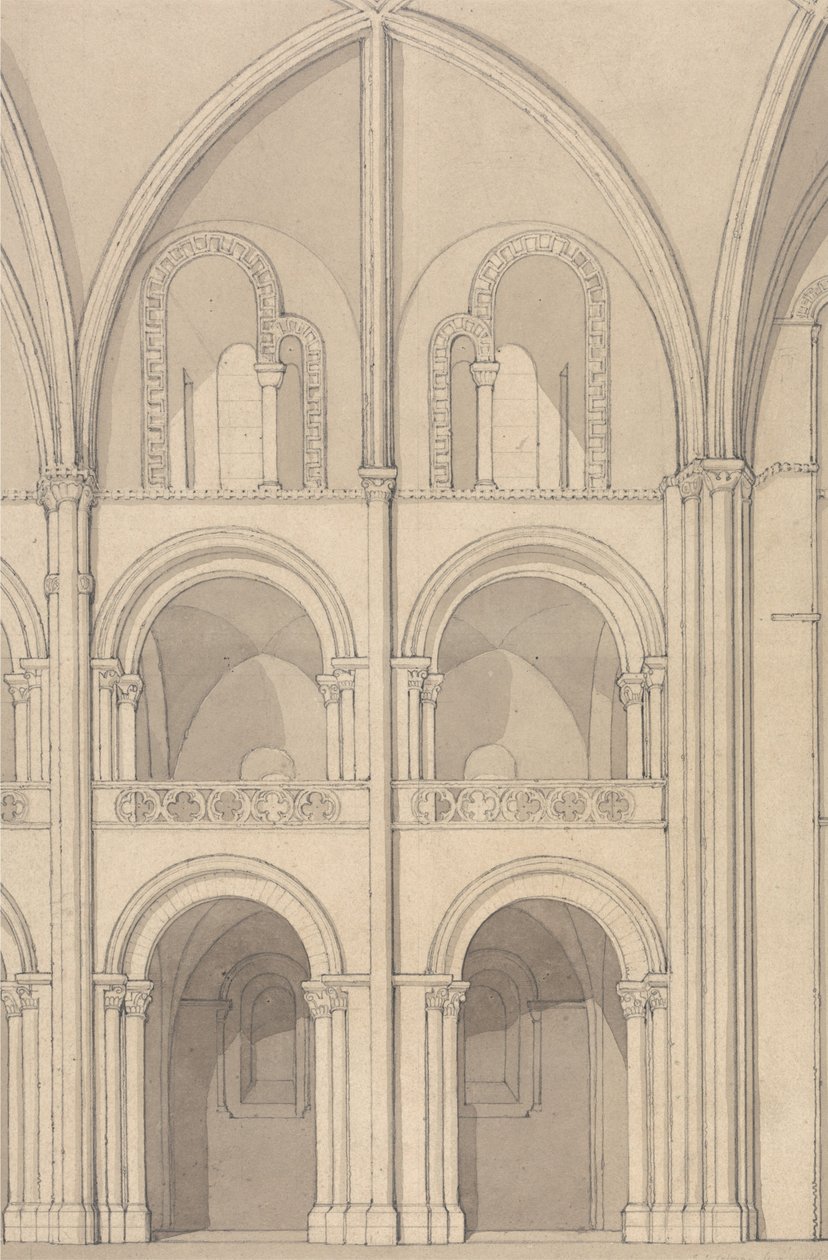 Perspektivní pohled na část opatského kostela svatého Štěpána v Caenu v Normandii od John Sell Cotman