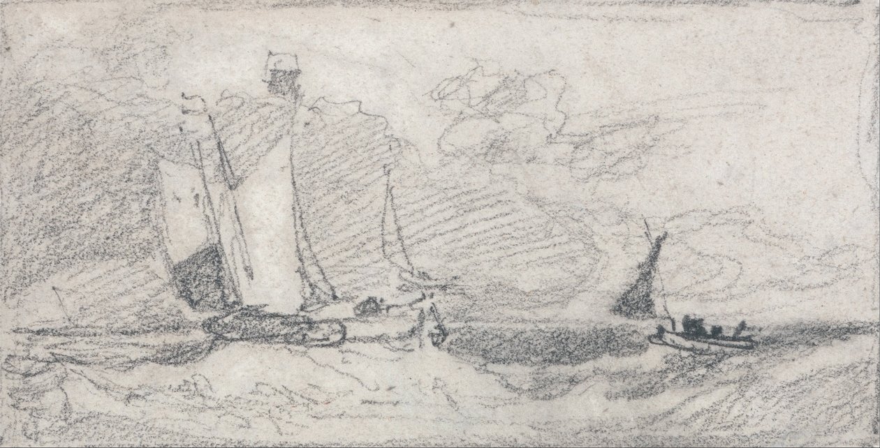 Plachetnice a čluny na rozbouřeném moři od John Sell Cotman