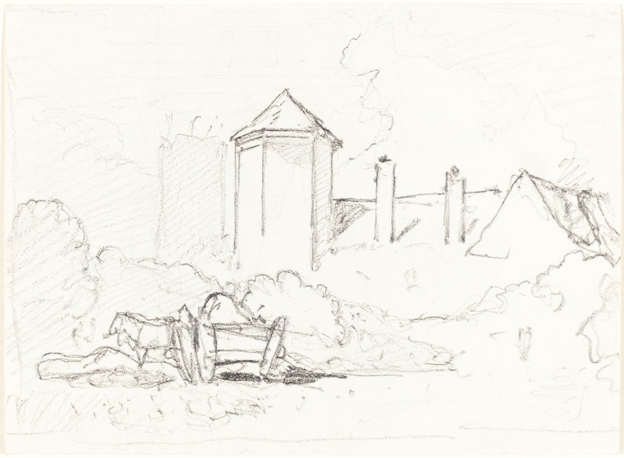Náčrt budov s vozíkem a koňmi v popředí od John Sell Cotman
