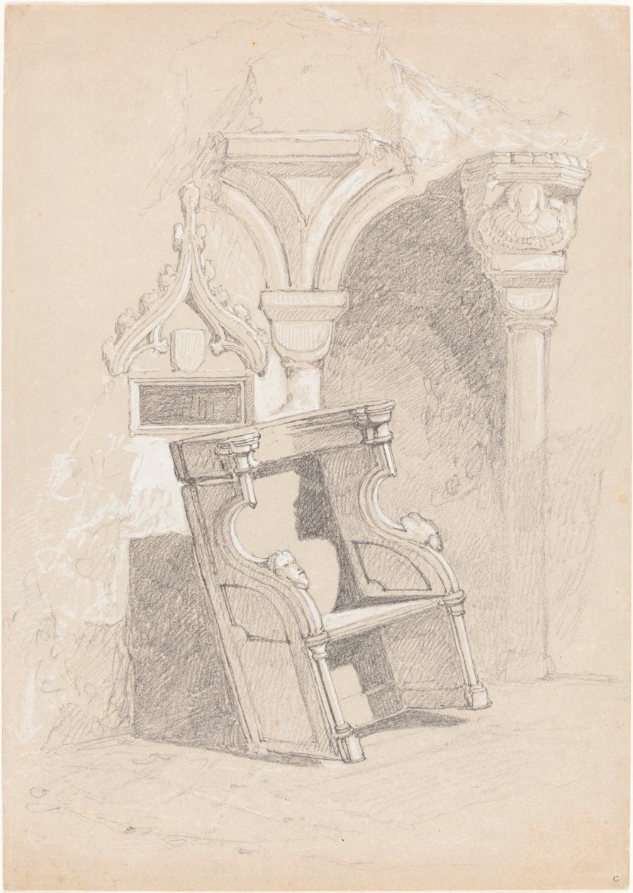 Náčrt interiéru zničeného kostela s židlí od John Sell Cotman
