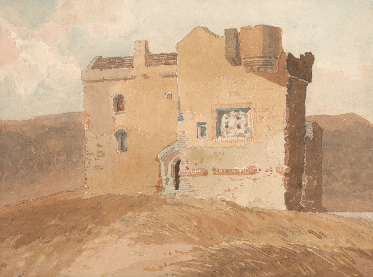 Neidentifikovaný hrad, dříve nazývaný hrad Clanbury od John Sell Cotman
