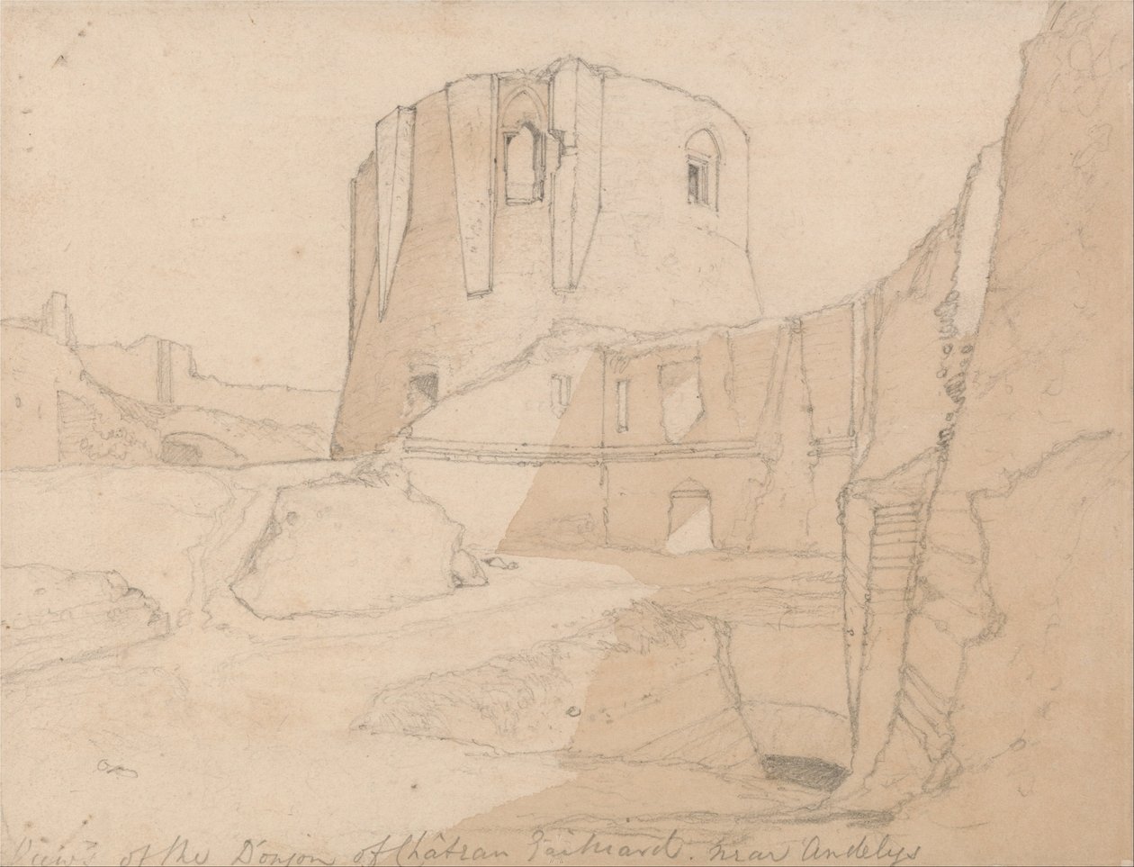 Pohled na donjon zámku Gaillard u Andelys v Normandii od John Sell Cotman