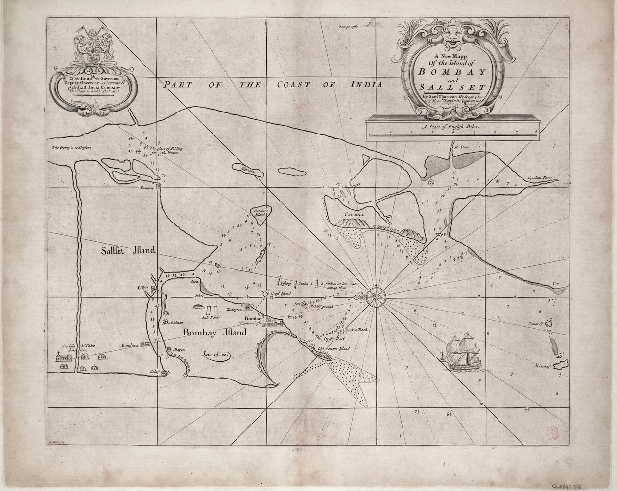 Mapa Bombaje a Sallsetu od Samuela Thorntona, hydrografa Východoindické společnosti, poprvé vydaná kolem roku 1685. od John Seller