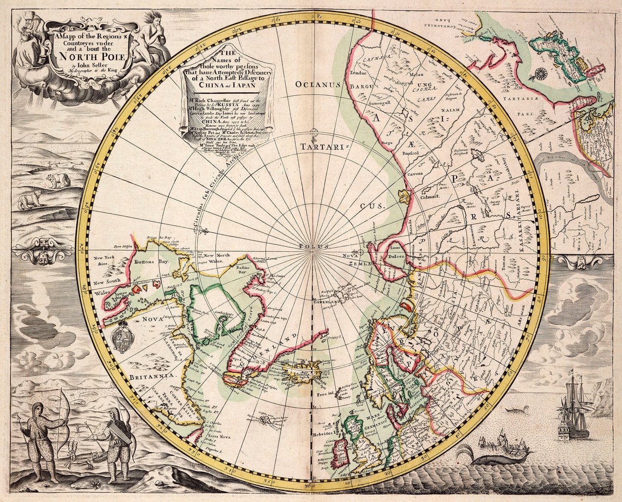 Mapa polární projekce s polárním kruhem, asi 1680 (kolorovaná rytina) od John Seller