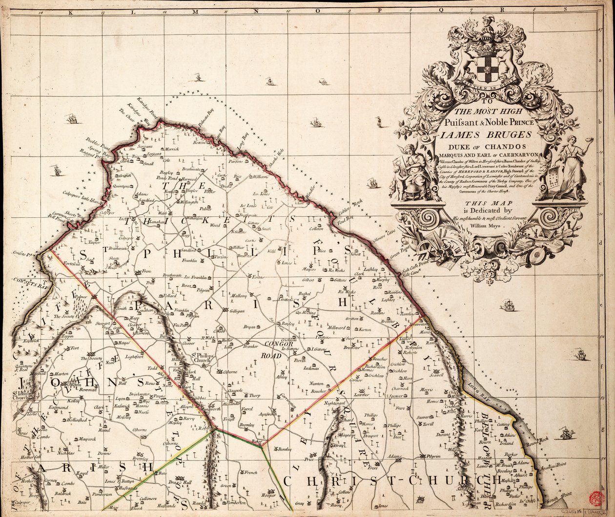 Nová a přesná mapa ostrova Barbados v Americe podle průzkumu Williama Mayo z let 1717 až 1721. od John Senex