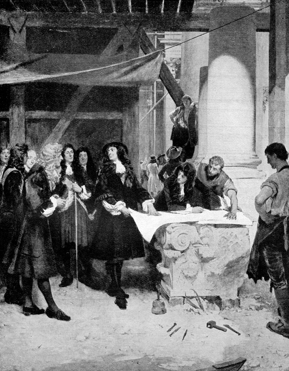 Charles II na návštěvě sira Christophera Wrena během stavby katedrály St Pauls v Londýně, 1909. od John Seymour Lucas