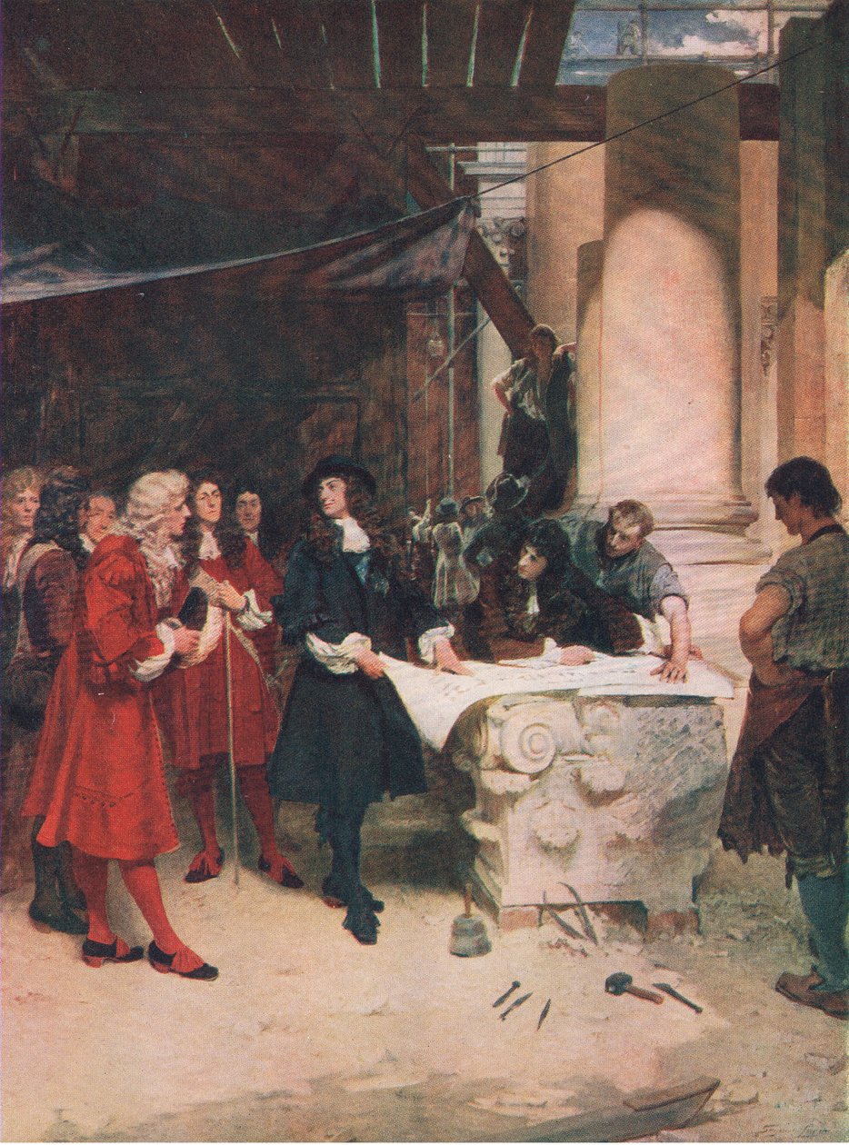 Návštěva krále Charlese ve Wren během budovy St Pauls, ilustrace z Historie britského lidu vydané nakladatelstvím Waverley, kolem roku 1940 (litho) od John Seymour Lucas