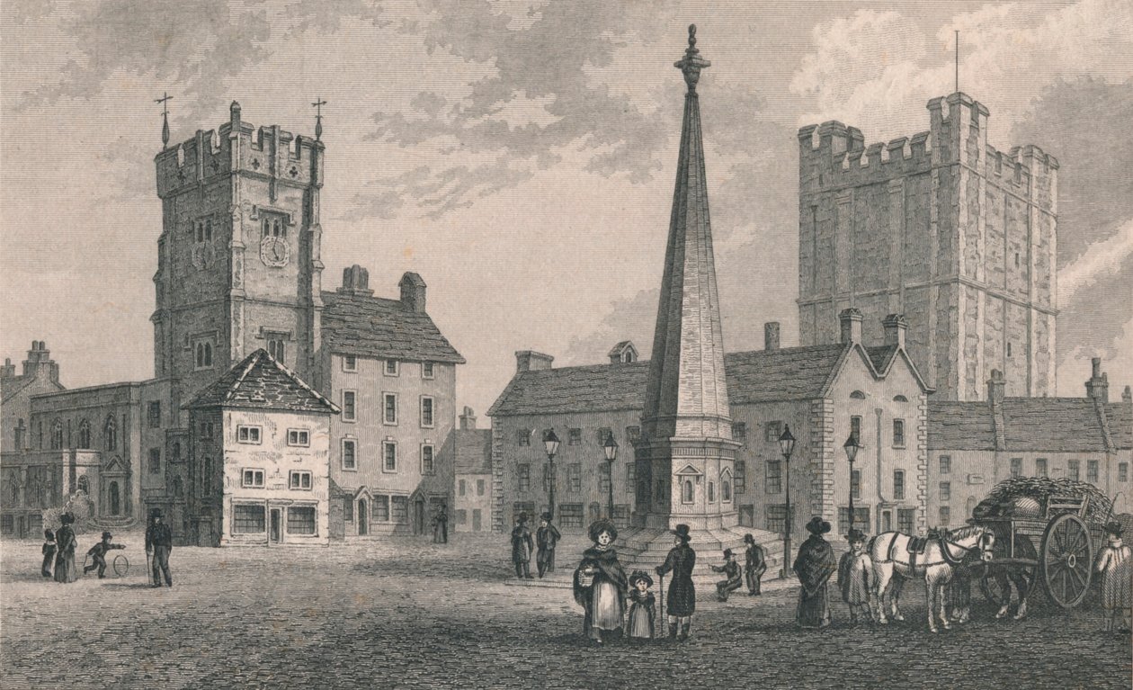Market Place Richmond, Trinity Church and Keep of Richmond Castle, 1831 od John Shury