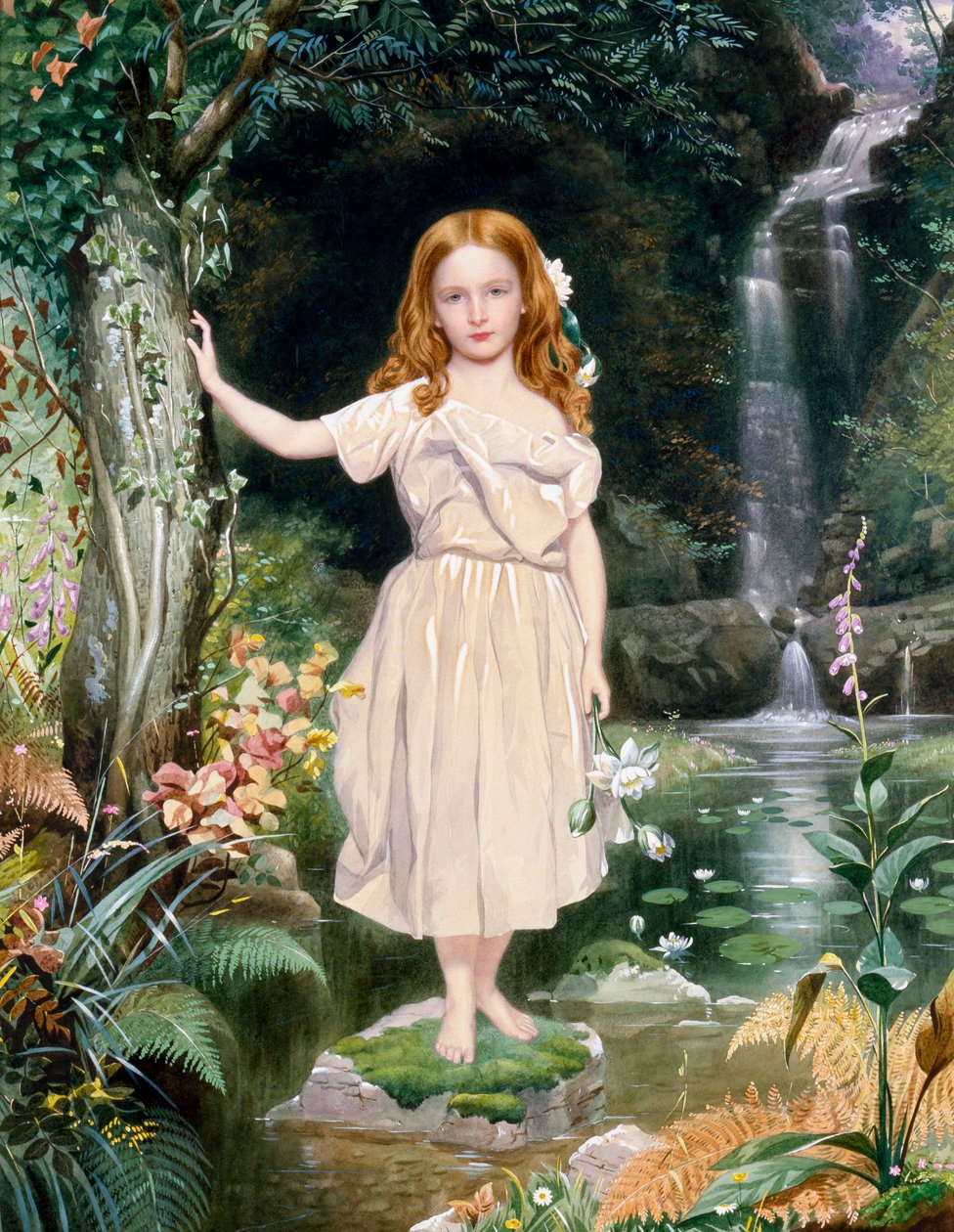 "Děvčátko u vodopádu" Obraz, John Simmons II (1823-1876) (přerafaelita) od John Simmons