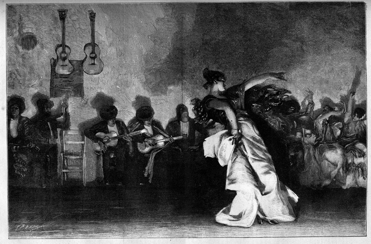 El Jaleo - Cikánské tance. Kytaristé a tanečnice flamenca. Rytina podle obrazu Johna Singera Sargenta (1856-1925) v „The Illustrous World““ č. 1335 z 28. října od John Singer (after) Sargent