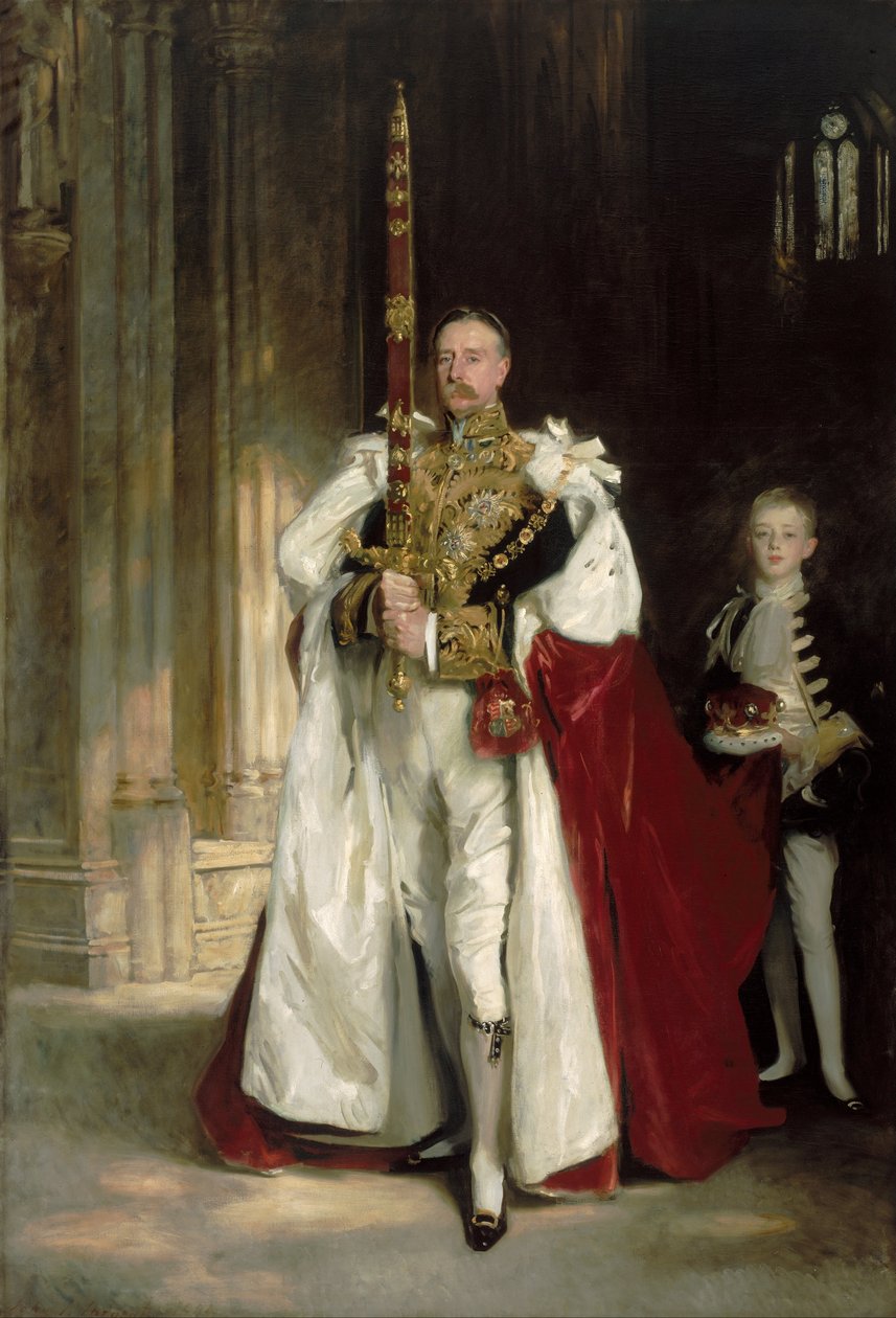 Charles Stewart, šestý markýz z Londonderry, nesoucí Velký státní meč při korunovaci krále Eduarda VII. v srpnu 1902, a pan W. C. Beaumont, jeho páže při této příležitosti od John Singer Sargent