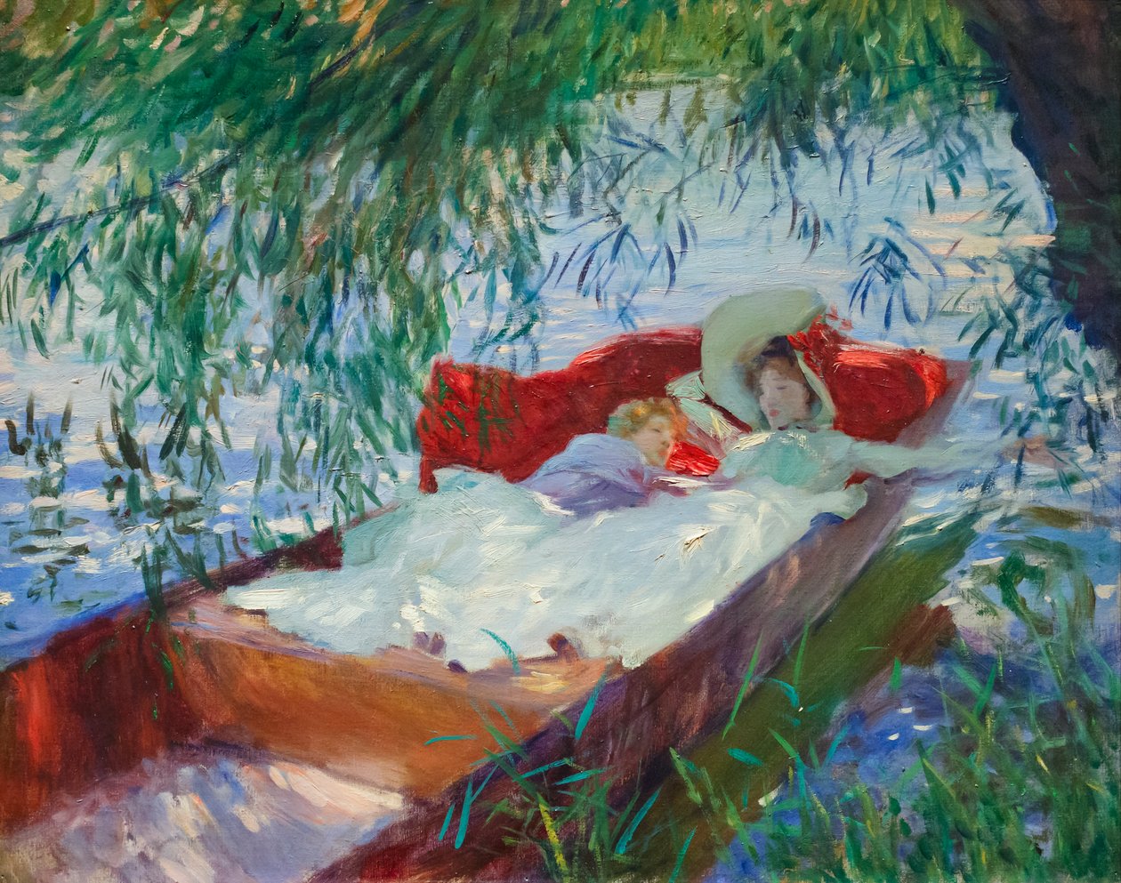 Dáma s dítětem spí v pontonu pod vrbou od John Singer Sargent
