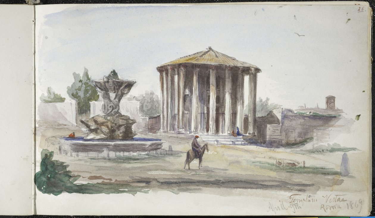 Krajina s figurami, Templum Vestas, Řím, 9. dubna 1869 (akvarel přes grafit na špinavě bílém tkaném papíře) od John Singer Sargent