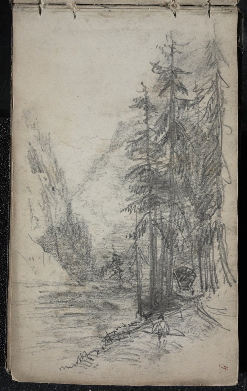 Horská krajina se stromy, 1871-72 (grafit na tmavém šedobílém tkaném papíru) od John Singer Sargent
