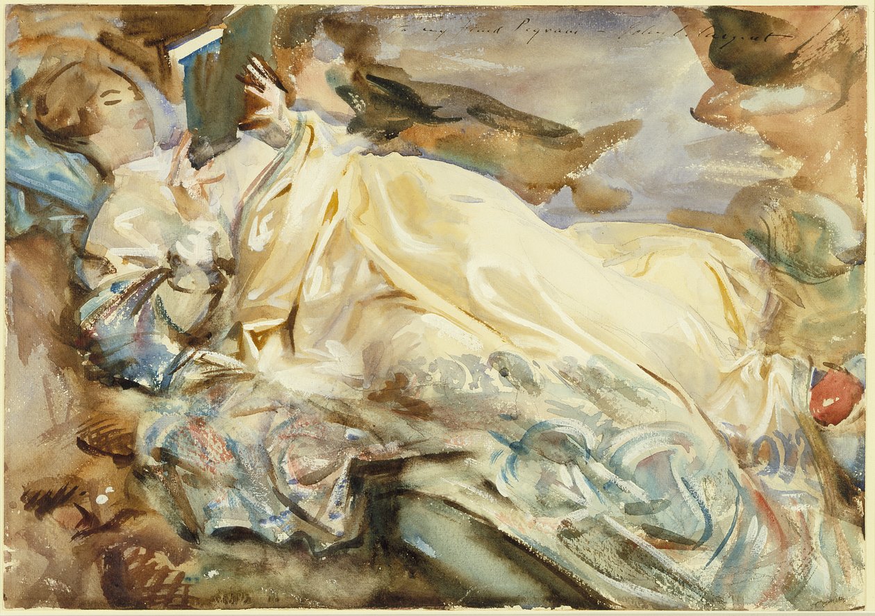 Rose-Marie Ormondová čtoucí v kašmírovém šálu od John Singer Sargent