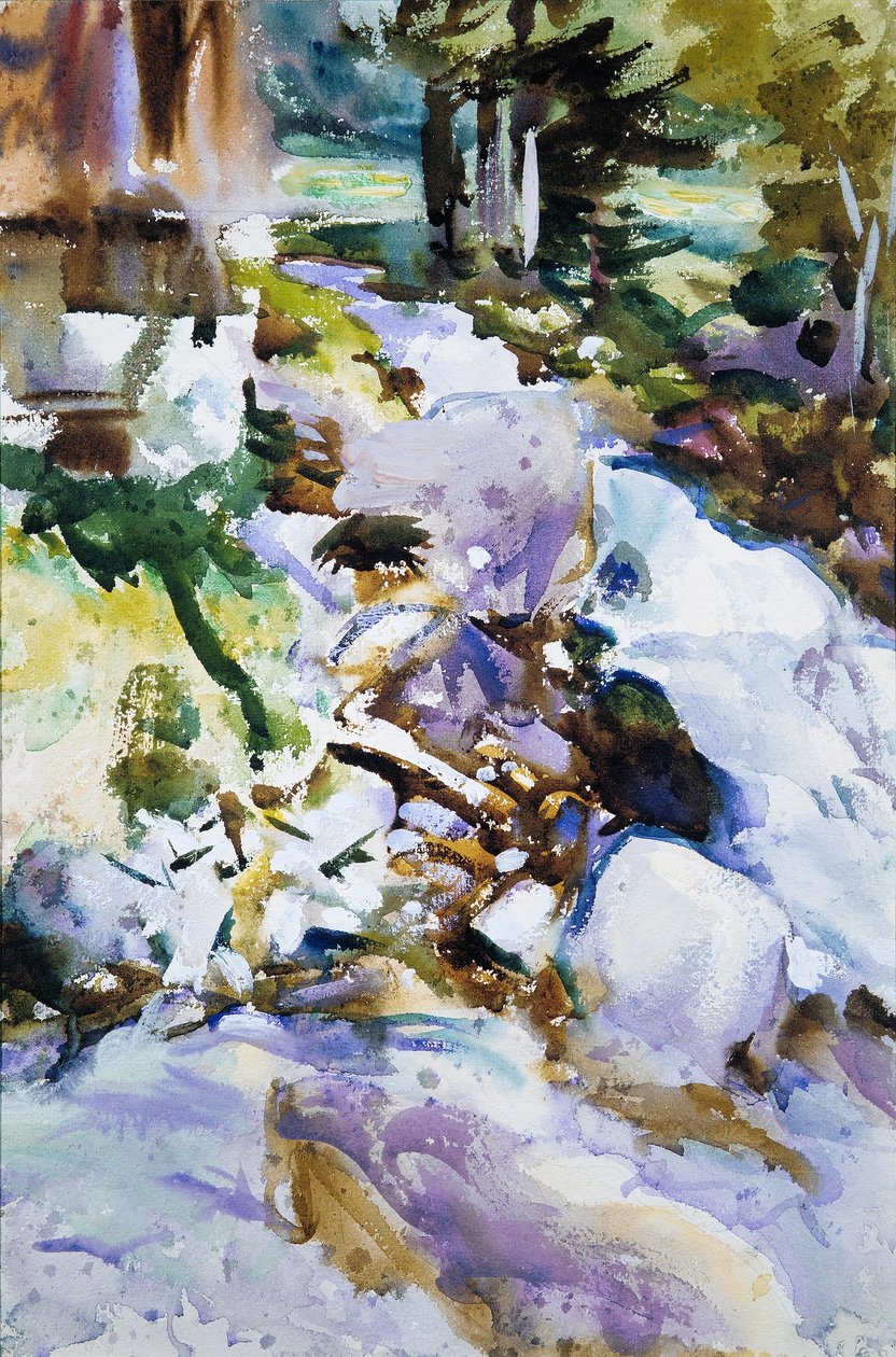 Rushing Brook, cca 1904-11 (wc, kvaš a grafit na špinavě bílém tkaném papíře) od John Singer Sargent