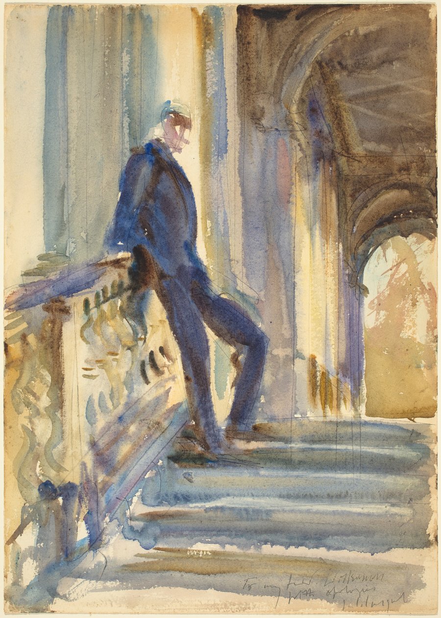 Sir Neville Wilkinson na schodech Palladian Bridge ve Wilton House, 19041905. od John Singer Sargent