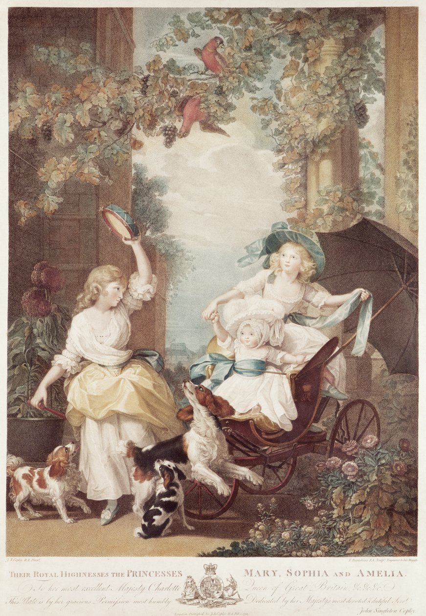 Princezny Marie (1776-1857), Sofie (1777-1848) a Amelie (1783-1810), dcery Jiřího III., rytina Francesca Bartolozziho (1727-1815) (mezzotinta) od John Singleton Copley