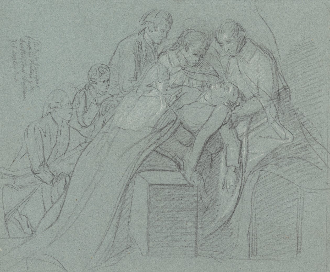 Studie pro Centrální skupinu ve smrti hraběte z Chathamu (černá křída, zvýrazněná bílou na modrém papíře) od John Singleton Copley