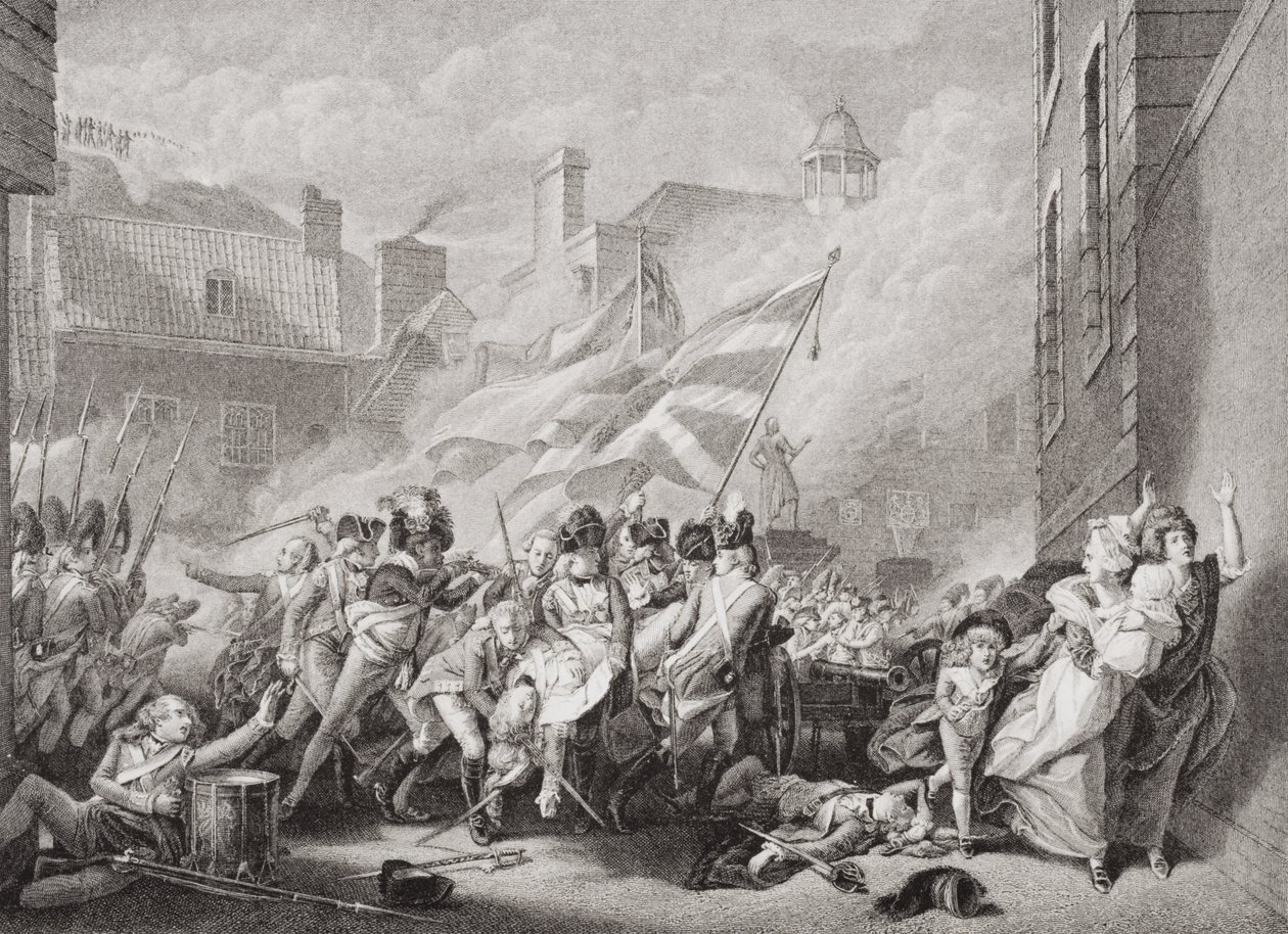 Smrt majora Peirsona v St. Helier, znovu dobytí Jersey od Francouzů, 8. ledna 1781, z „Ilustrace anglické a skotské historie“ svazek II od John Singleton Copley