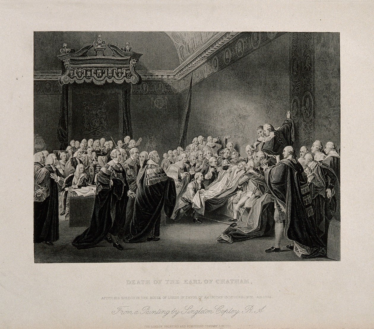 Smrt Williama Pitta, lorda Chathama, v horní komoře Westminsterského paláce, 1778. Gravura podle J. Copleyho, 1779. od John Singleton Copley