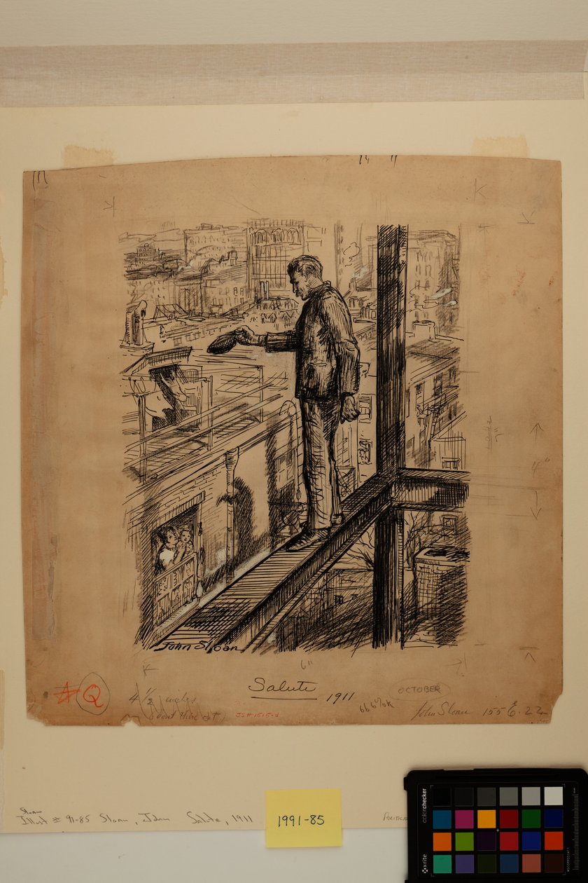 Salute, cca 1911 (inkoust, dřevěné uhlí a zinková bílá barva na papíře) od John French Sloan