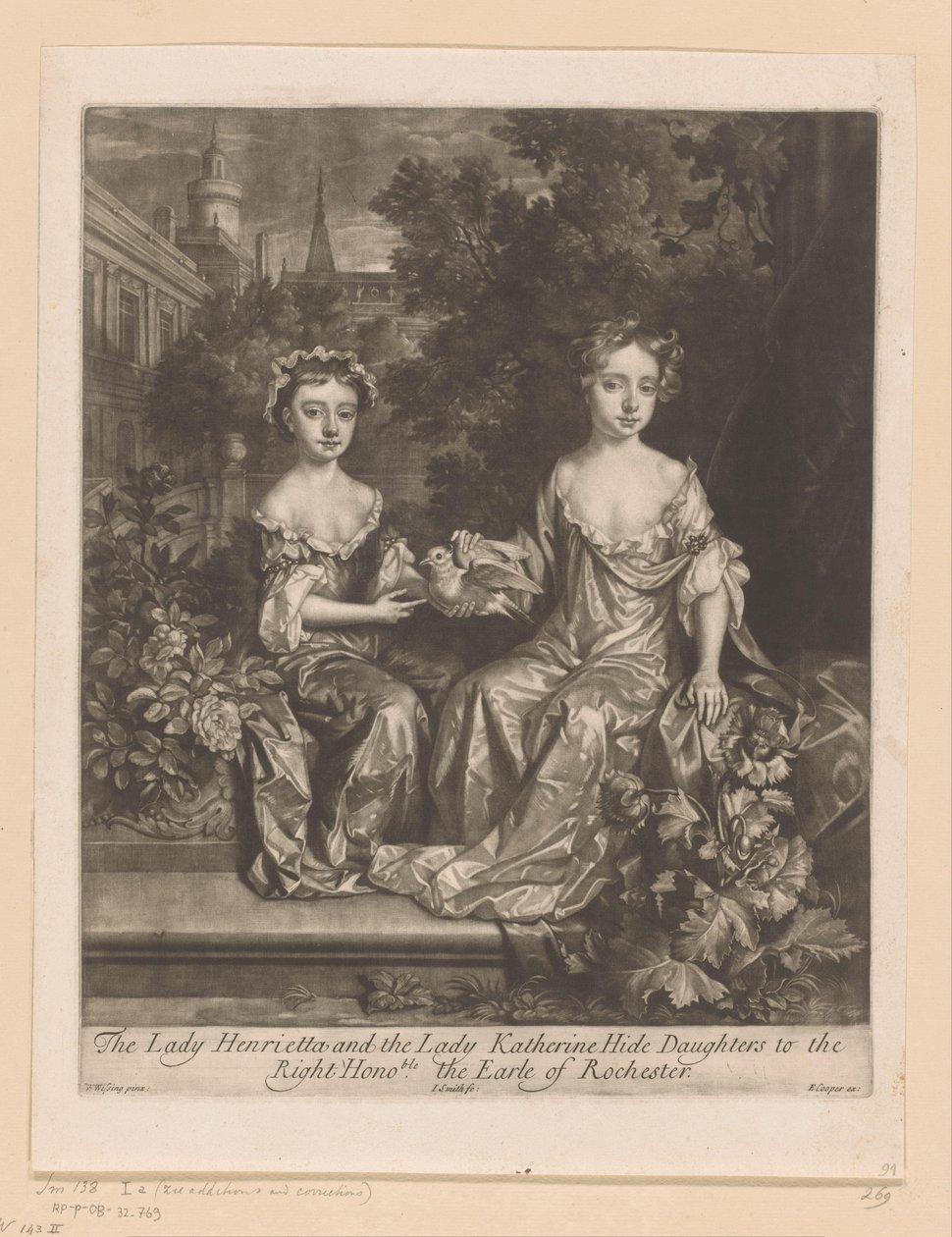 Portret van Henrietta a Katherine Hyde se setkaly s een duifem Lady Henrietta a Lady Katherine skrývají dcery hraběti z Rochesteru (název na předmětu) od John Smith