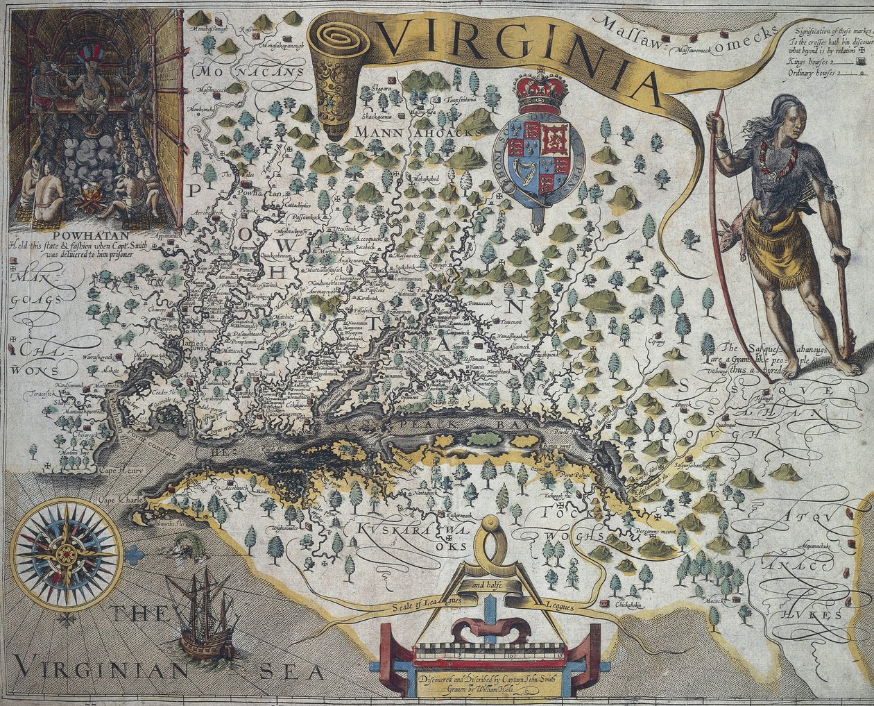 Mapa Virginie: Vložka (vlevo nahoře) zobrazující interiér chaty indického náčelníka Powhatana od Johna Smitha (1580-1631) od John Smith