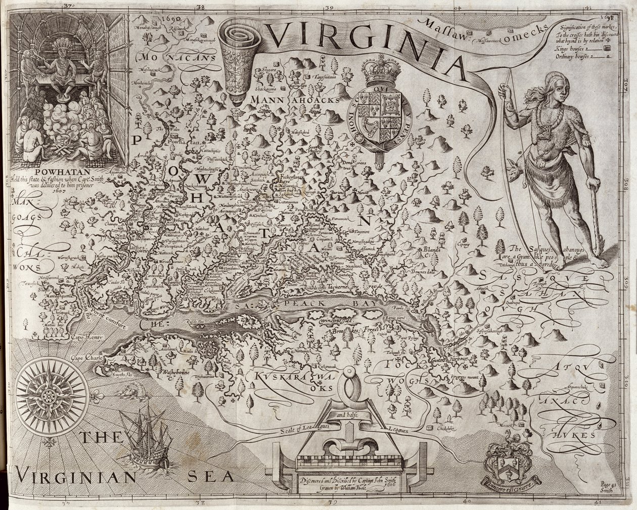 Mapa Virginie, objevená a popsaná kapitánem Johnem Smithem, 1606, vyrytá Williamem Holem (fl. 1607-24), publikována 1612 (viz také 174212) od John Smith 2