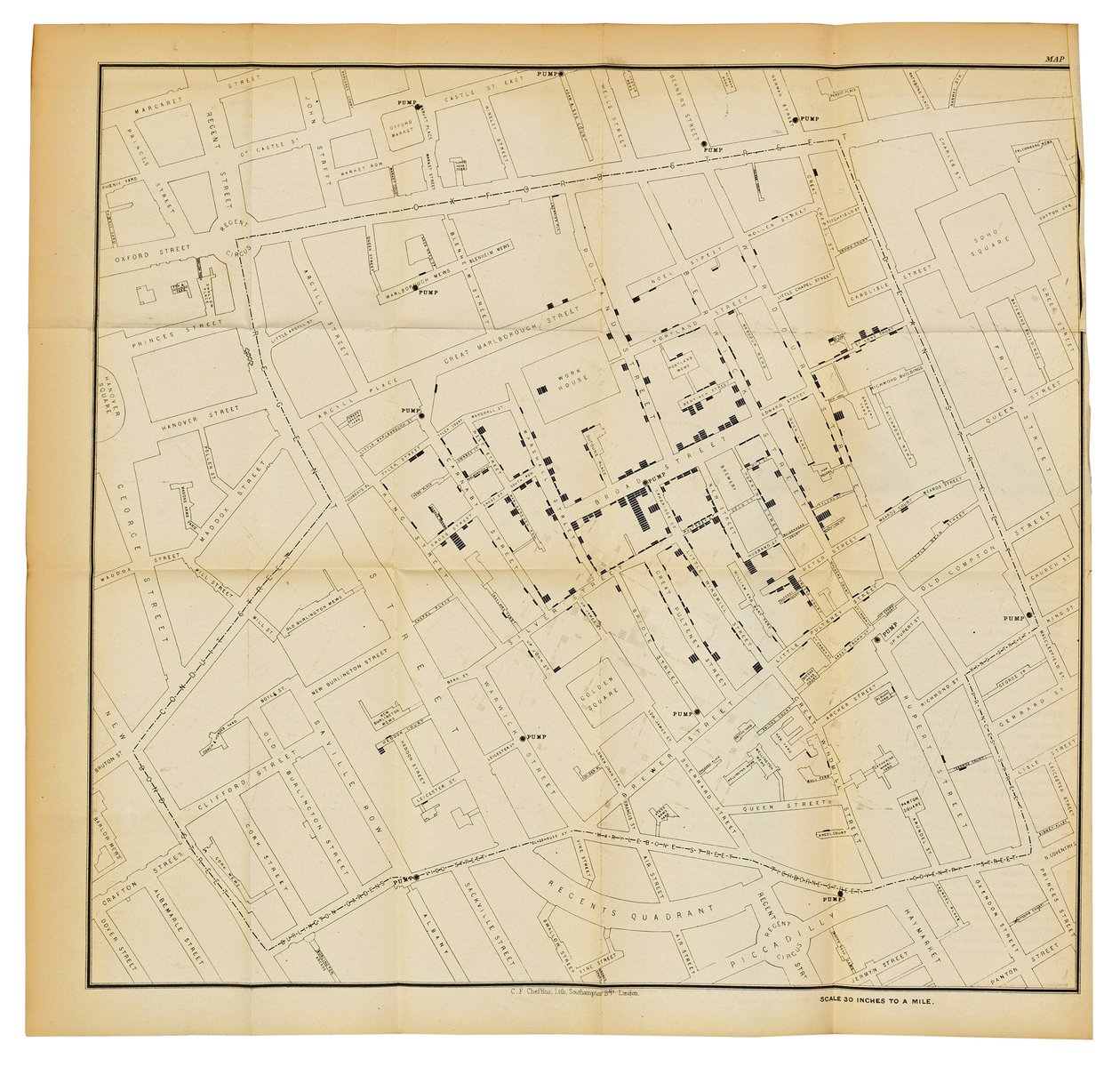 Mapa z „O způsobu komunikace cholery“, 1855 od John Snow