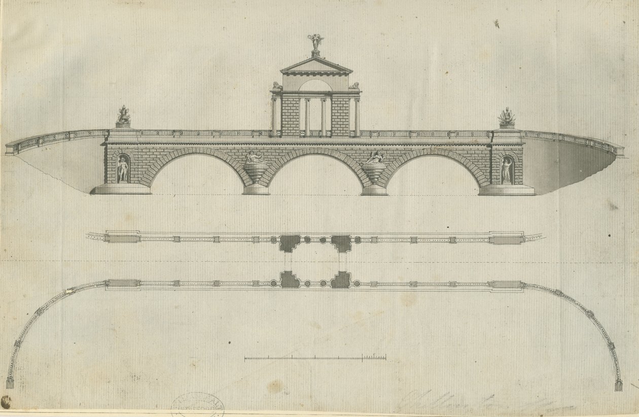 Chillington Park - Proposed Bridge: sépiová kresba, nd [1789] (tisk) od John Soane