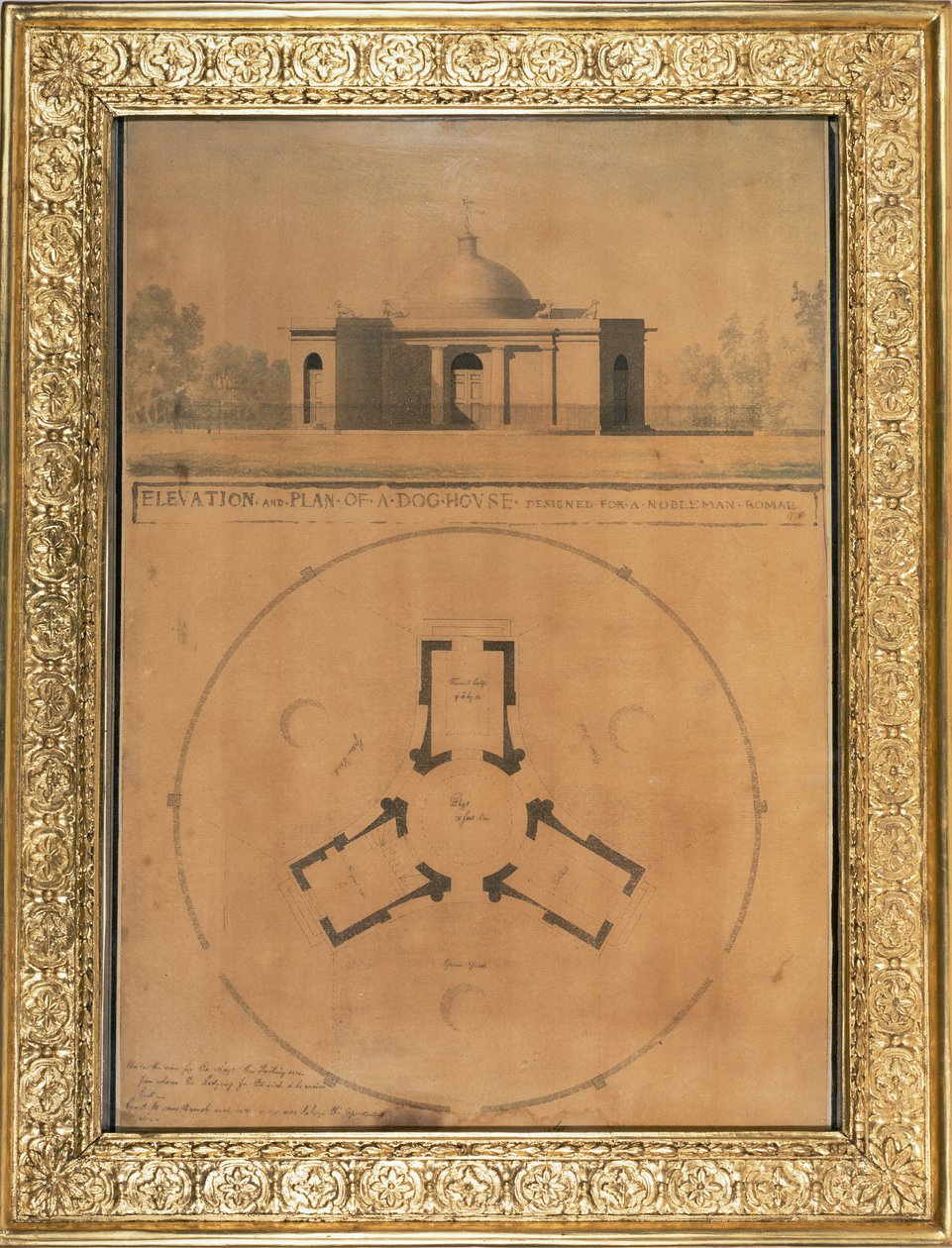 Pohled a plán psího domu, 1779 (pero, inkoust a wc na papíře) od John Soane