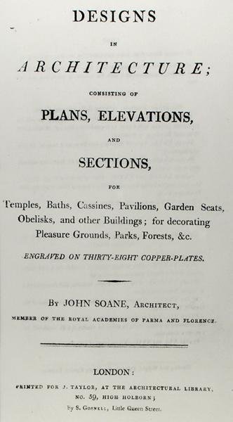 Frontispis pro „Návrhy v architektuře, sestávající z plánů, pohledů a řezů“, vydáno 1797 (rytina) od John Soane
