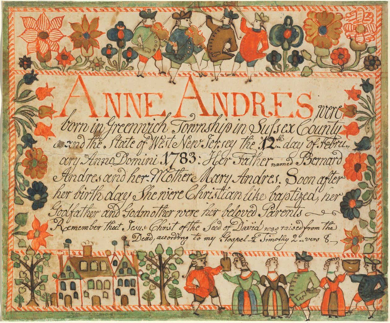 Rodný a křestní list Anne Andres od John Spangenberg