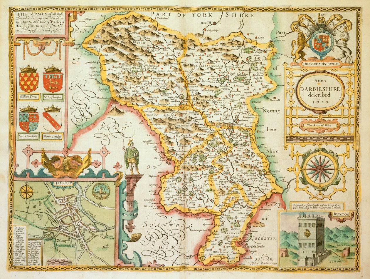 Mapa hrabství Derbyshire, z „The Theatre of the Empire of Great Britain“ od John Speed