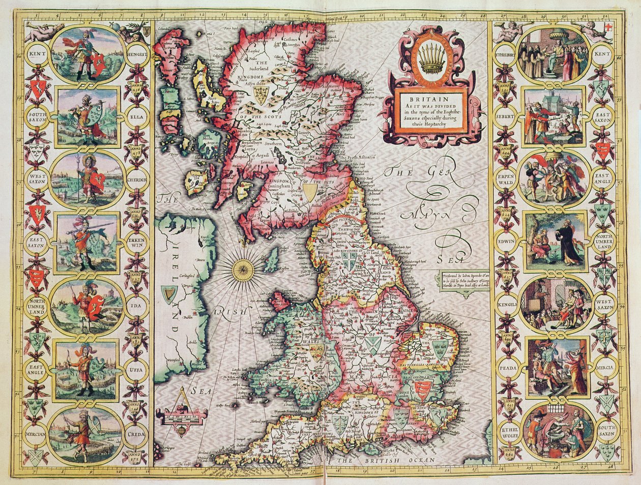Británie, jak byla rozhodnuta v době anglických Sasů, zejména během jejich heptarchie (ručně kolorovaná mědirytina) od John Speed