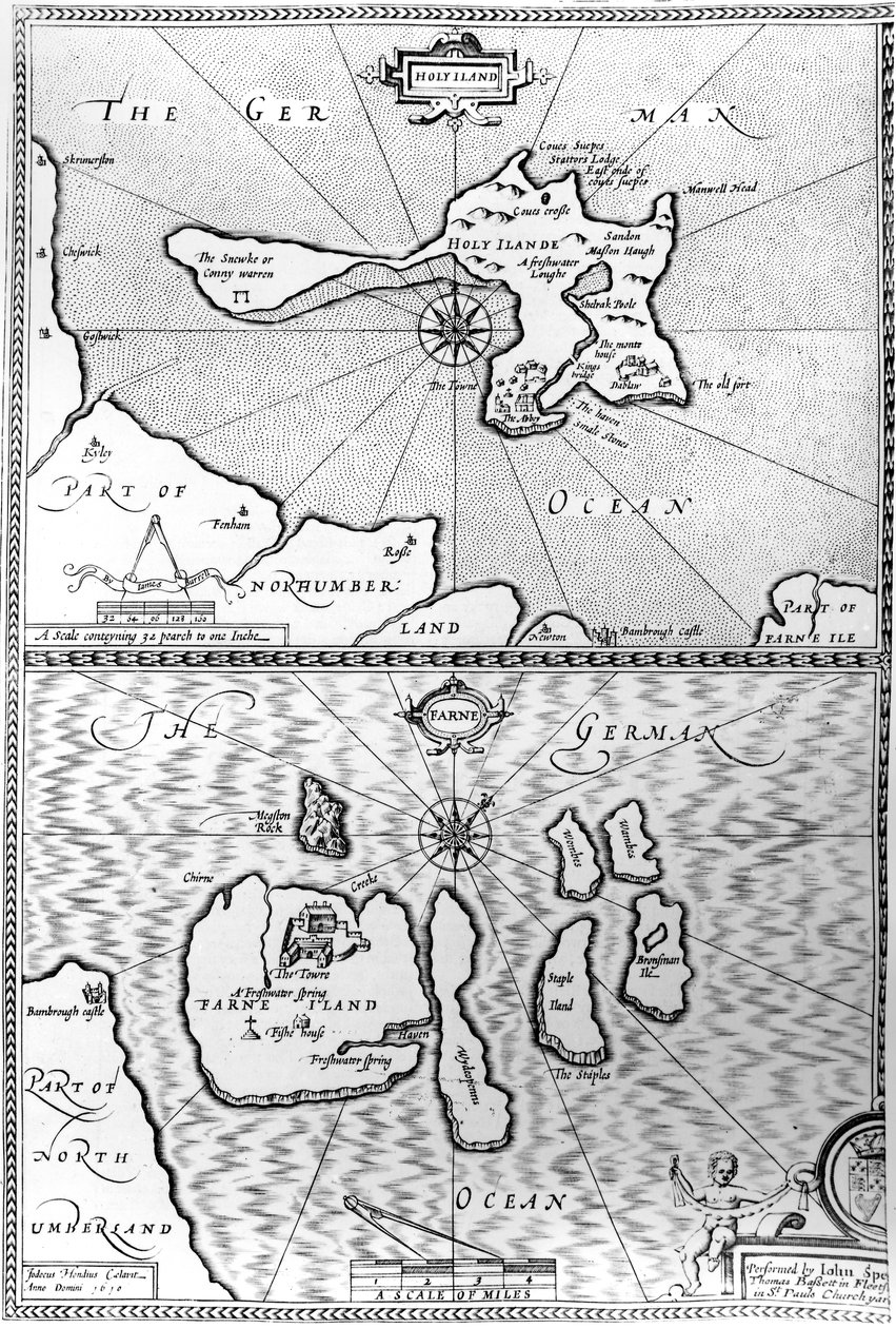 Mapy ostrovů Holy Island a Farne Island v Northumberlandu z knihy "The Theatre of the Empire of Great Britaine" od Johna Speeda, 1676. od John Speed