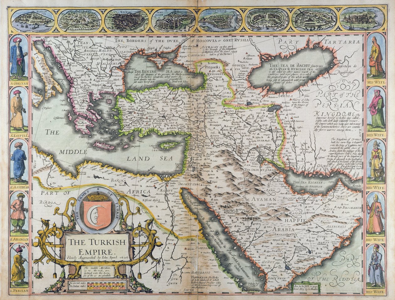 Turecká říše, z „Vyhlídky na nejslavnější části světa“, vytištěné Johnem Dawsonem pro George Humble, 1627 (ručně kolorovaná rytina) od John Speed